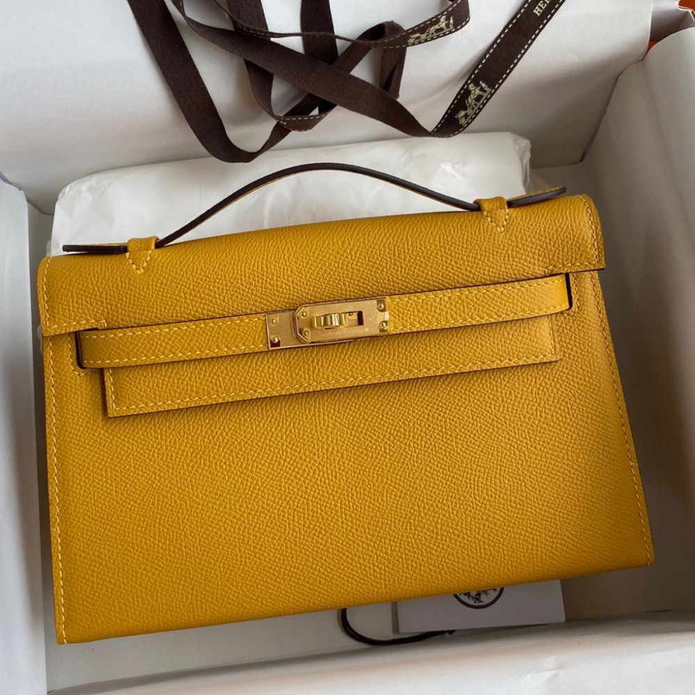 High Quality Replica Hermes Kelly Pochette Handmade Bag In Jaune Ambre Epsom Calfskin $ 419 USD